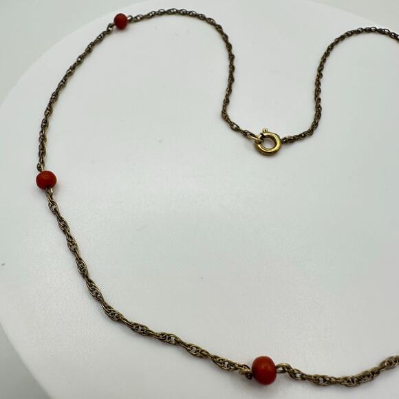 Vintage 12kt gold filled genuine red coral beads beaded station chain necklace - Picture 5 of 8